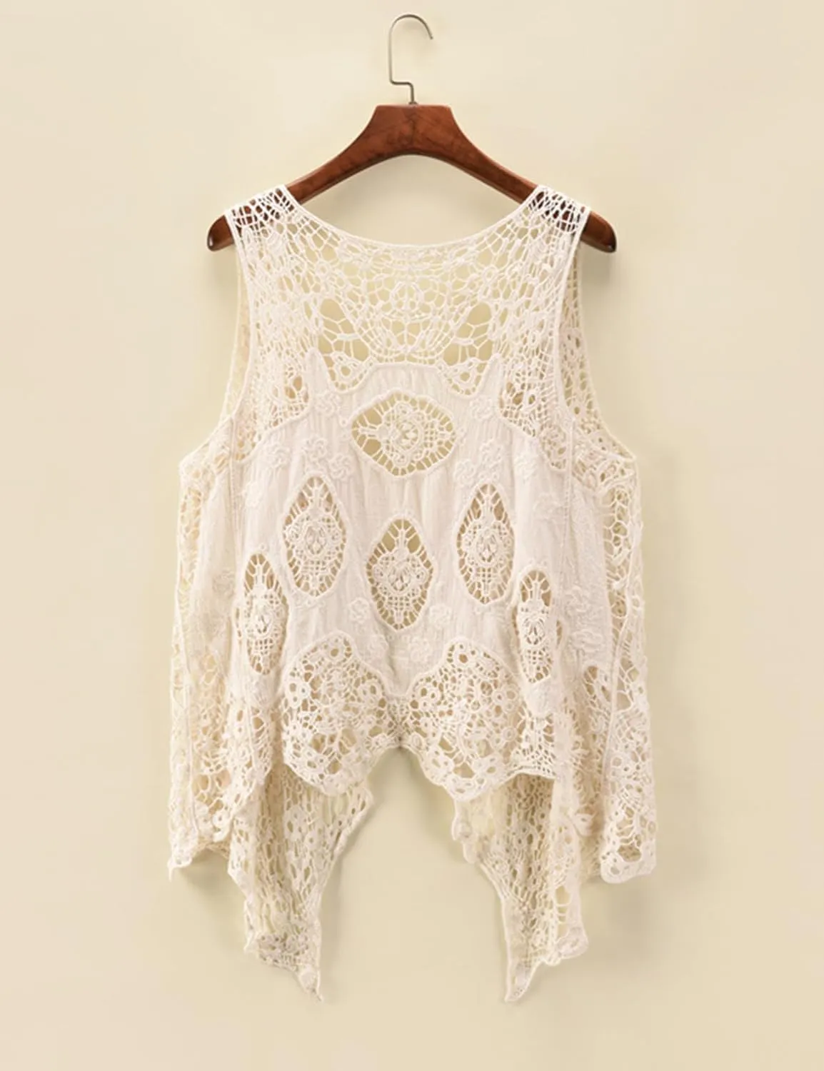 Flygo Women's Open Front Cotton Crochet Lace Boho Hippie Butterfly Vest Cardigan Coverup Sleeveless Irregular Hem