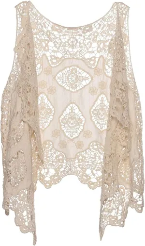 Flygo Women's Open Front Cotton Crochet Lace Boho Hippie Butterfly Vest Cardigan Coverup Sleeveless Irregular Hem