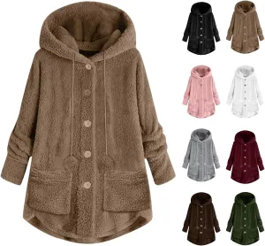 Fuzzy Fleece Jacket Women Trendy Button Long Sleeve Sherpa Hoodies Oversized Casual Lightweight Warm Coat with Pocket