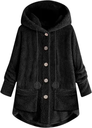 Fuzzy Fleece Jacket Women Trendy Button Long Sleeve Sherpa Hoodies Oversized Casual Lightweight Warm Coat with Pocket