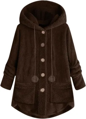 Fuzzy Fleece Jacket Women Trendy Button Long Sleeve Sherpa Hoodies Oversized Casual Lightweight Warm Coat with Pocket