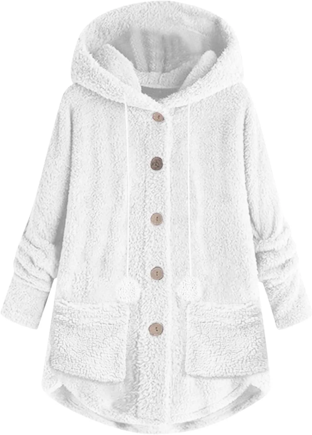 Fuzzy Fleece Jacket Women Trendy Button Long Sleeve Sherpa Hoodies Oversized Casual Lightweight Warm Coat with Pocket
