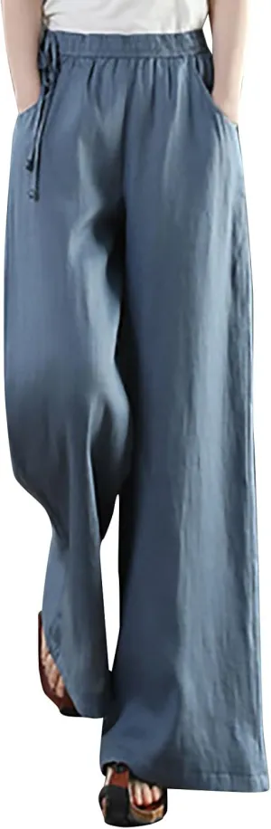 FZYLQY Women Casual Cotton Linen Baggy Pants Relaxed Fit Soft Comfy Wide Leg Trousers Drawstring High Waist Loose Pants