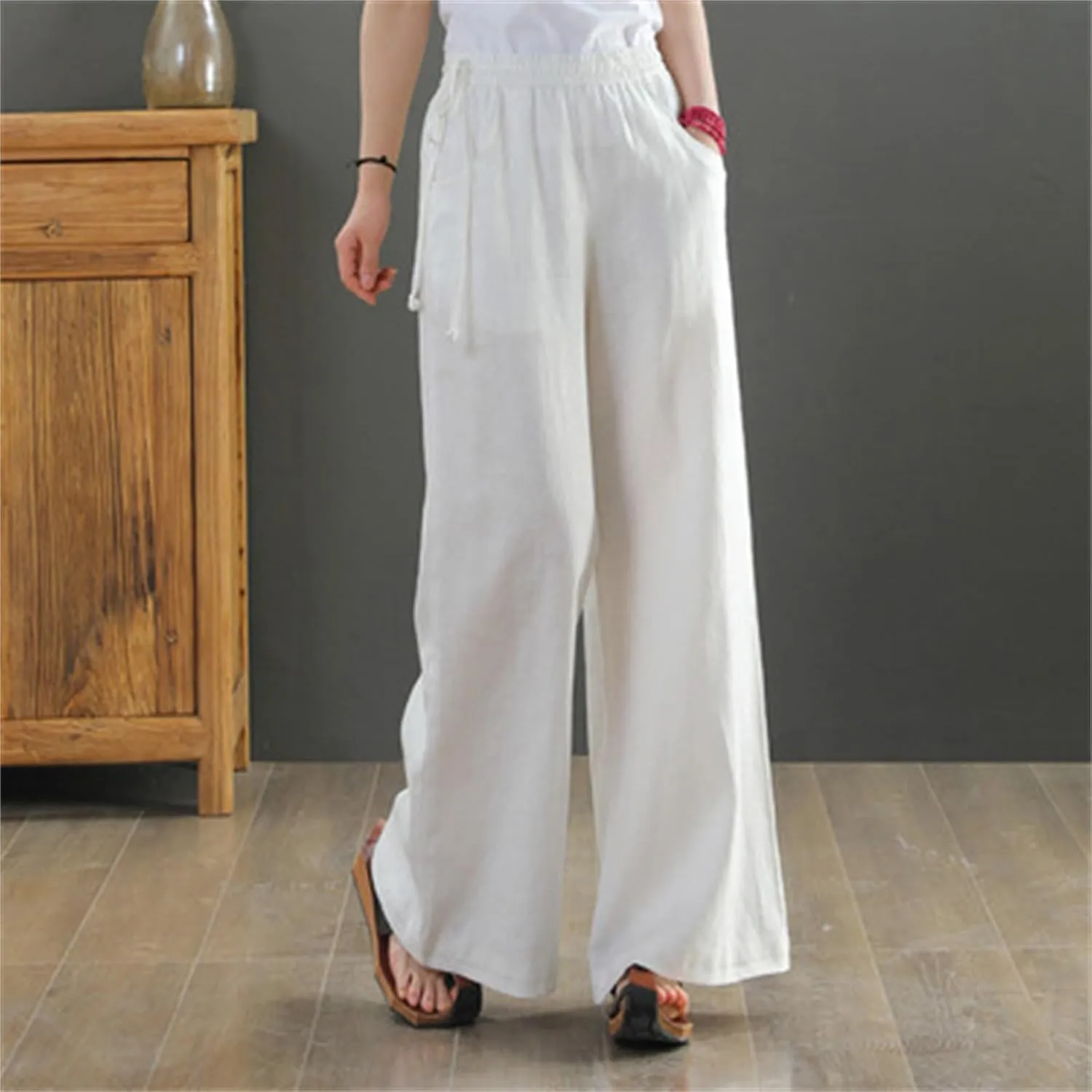 FZYLQY Women Casual Cotton Linen Baggy Pants Relaxed Fit Soft Comfy Wide Leg Trousers Drawstring High Waist Loose Pants