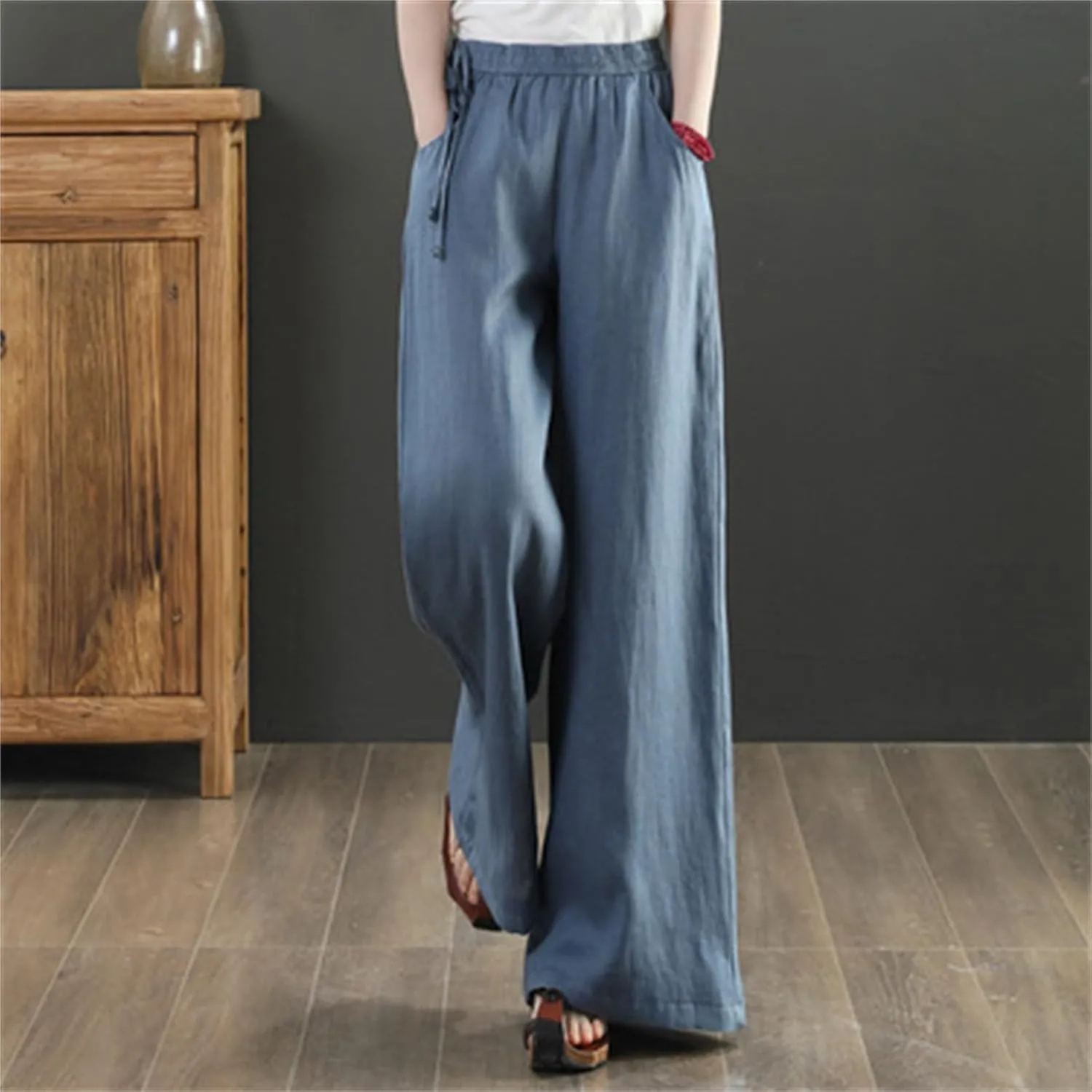 FZYLQY Women Casual Cotton Linen Baggy Pants Relaxed Fit Soft Comfy Wide Leg Trousers Drawstring High Waist Loose Pants