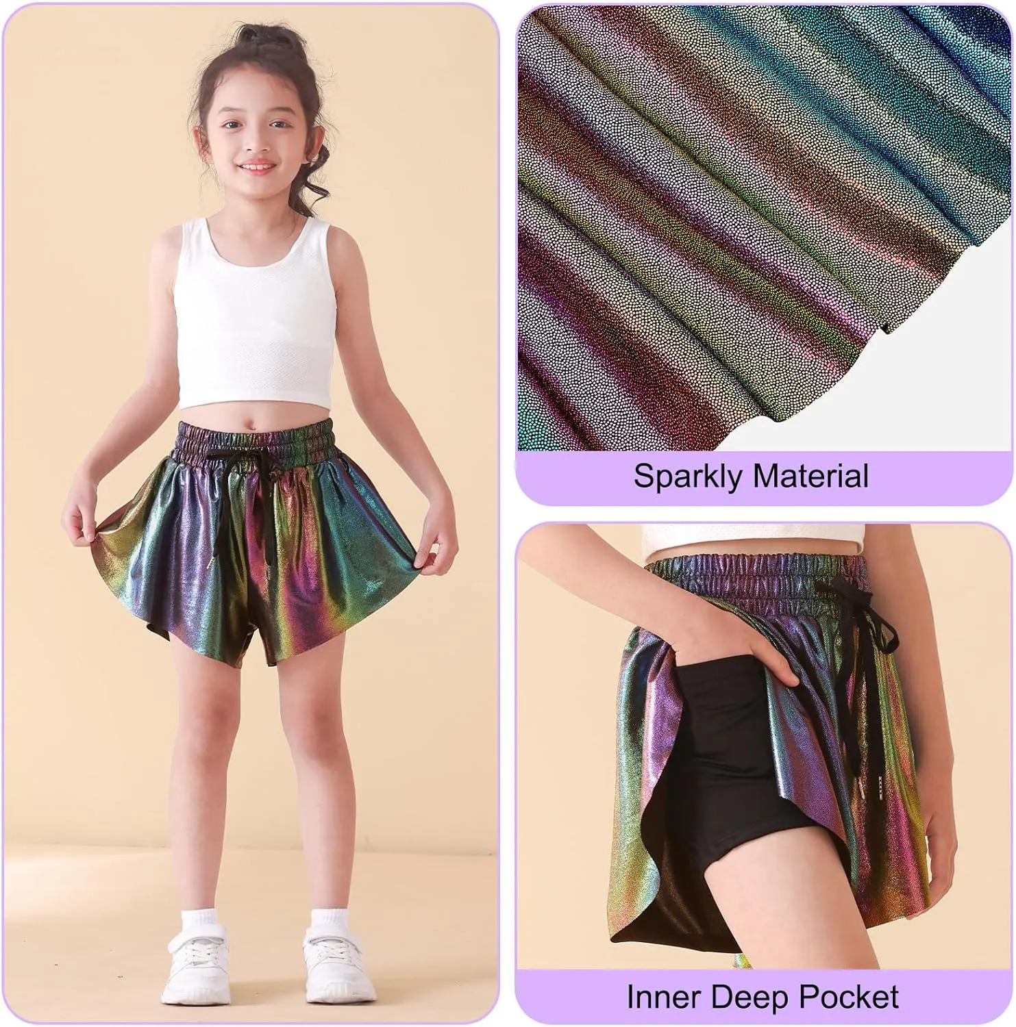 Girls Butterfly Shorts Sparkle Flowy Athletic Shorts for Girls Gym Skorts 2-in-1 Skirt for Kids Preppy Clothes