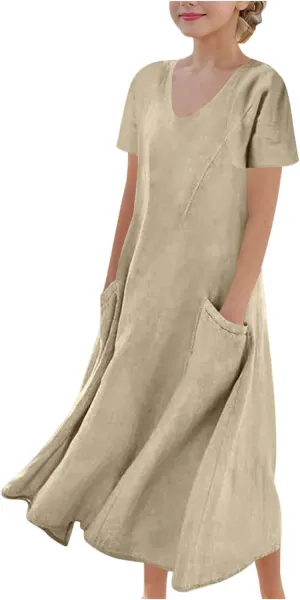 Girls Summer Linen Dress Casual Sleeveless Scoop Neck Elegant Flowy Maxi Dress Plus Size Loose Comfy Beach Sundress