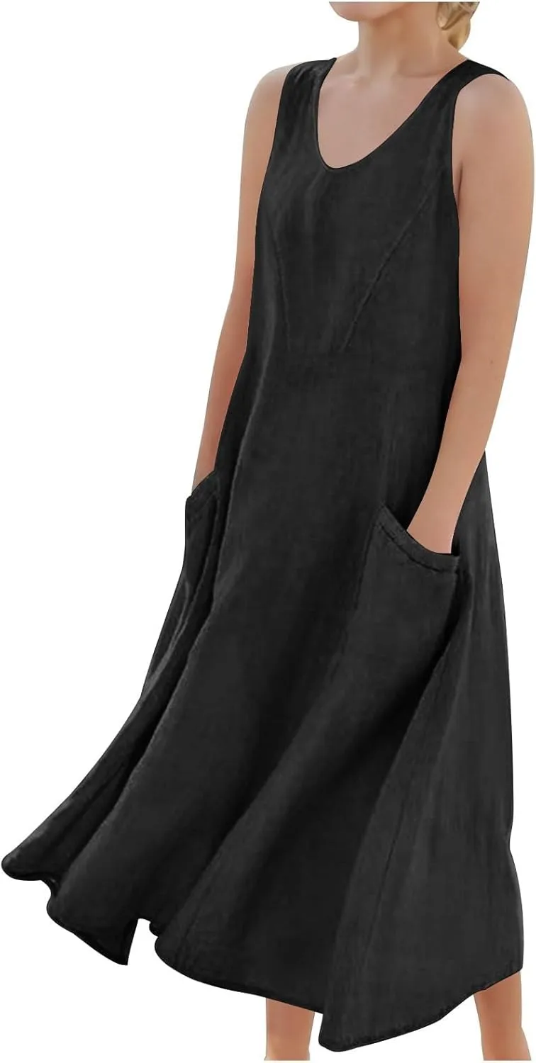 Girls Summer Linen Dress Casual Sleeveless Scoop Neck Elegant Flowy Maxi Dress Plus Size Loose Comfy Beach Sundress
