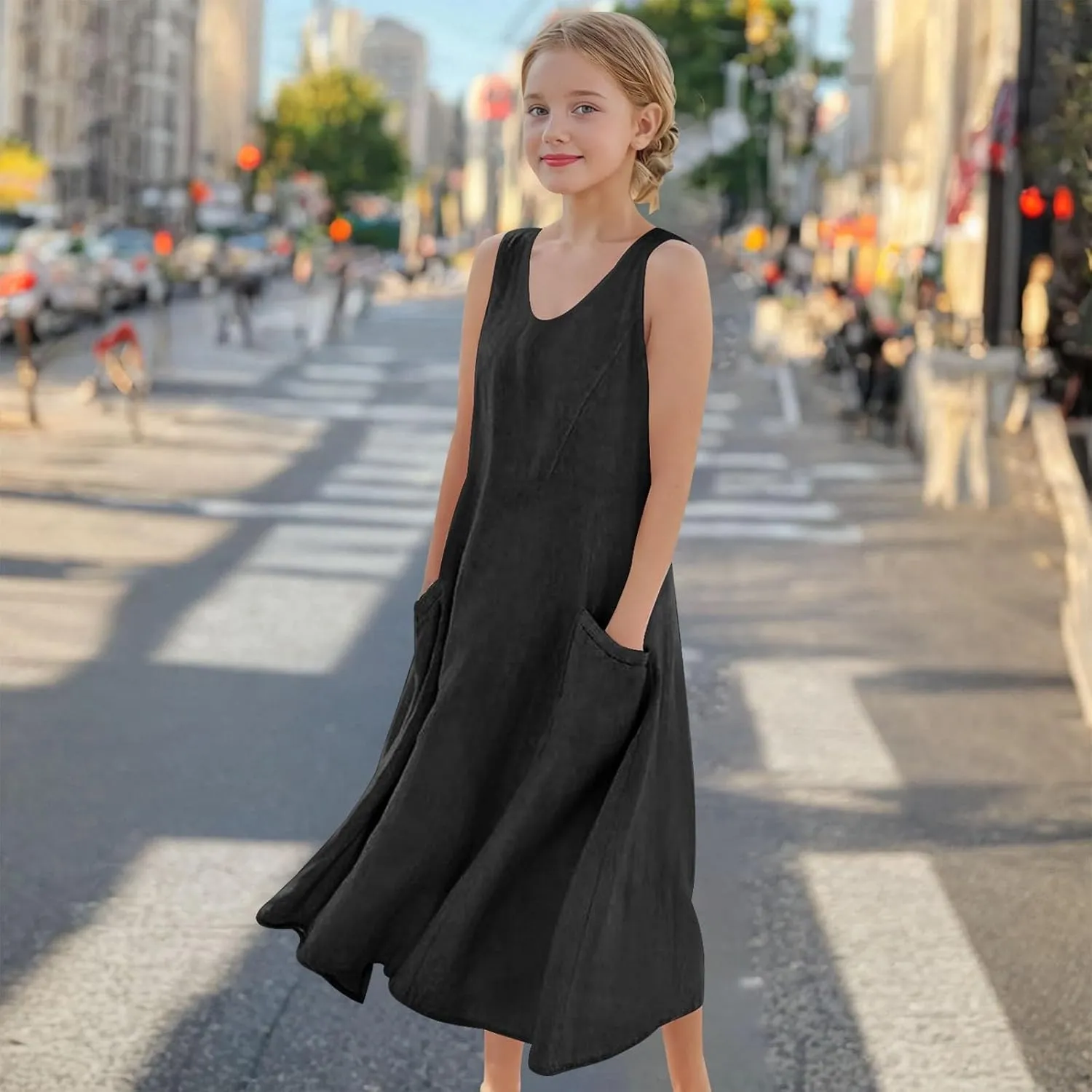 Girls Summer Linen Dress Casual Sleeveless Scoop Neck Elegant Flowy Maxi Dress Plus Size Loose Comfy Beach Sundress