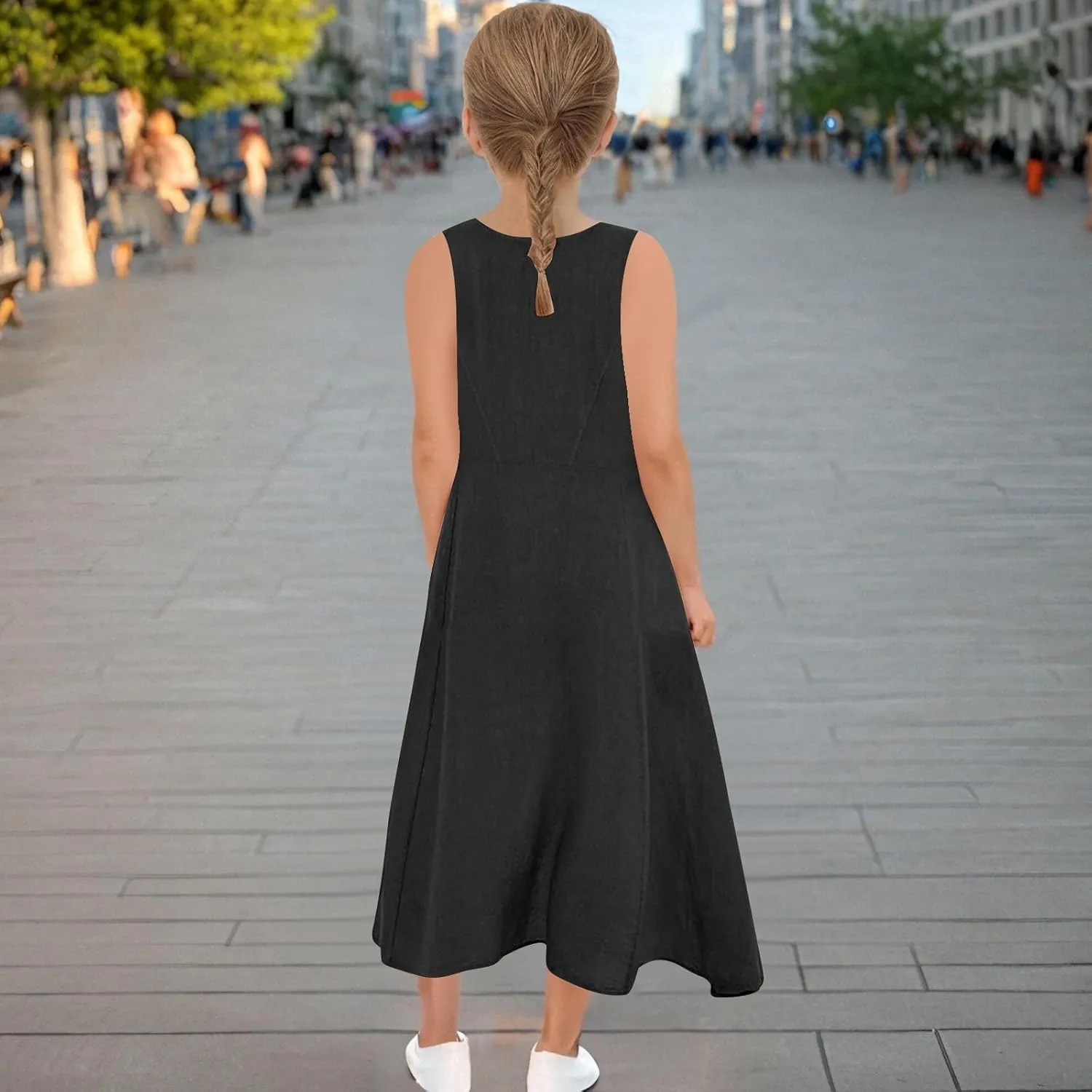 Girls Summer Linen Dress Casual Sleeveless Scoop Neck Elegant Flowy Maxi Dress Plus Size Loose Comfy Beach Sundress