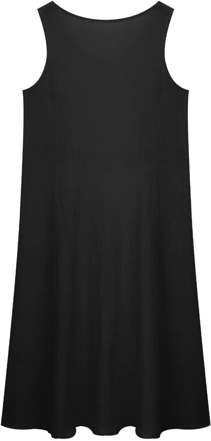 Girls Summer Linen Dress Casual Sleeveless Scoop Neck Elegant Flowy Maxi Dress Plus Size Loose Comfy Beach Sundress