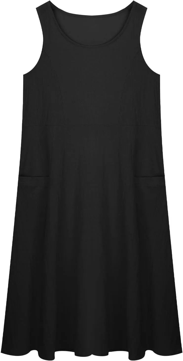 Girls Summer Linen Dress Casual Sleeveless Scoop Neck Elegant Flowy Maxi Dress Plus Size Loose Comfy Beach Sundress