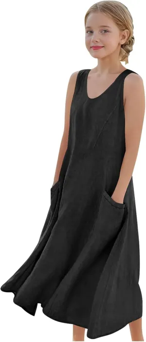 Girls Summer Linen Dress Casual Sleeveless Scoop Neck Elegant Flowy Maxi Dress Plus Size Loose Comfy Beach Sundress