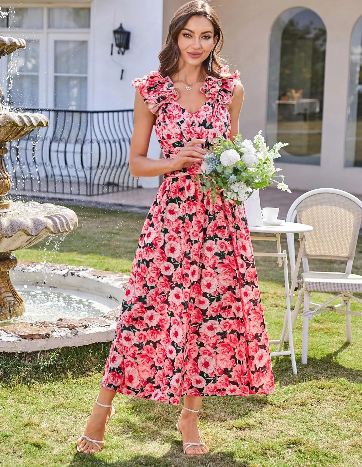 GRACE KARIN 2025 Women's Summer Floral Print Dress Sleeveless Casual Flowy Sundress A Line Ruffle Wedding Guest Outfit