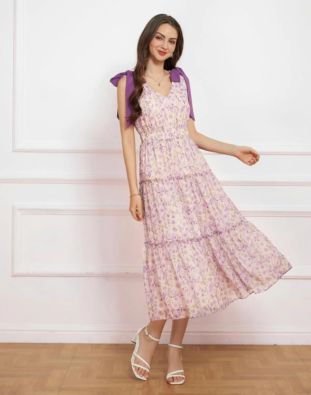GRACE KARIN Floral Dress for Women Summer Casual Flowy Long V Neck Sundress Sleeveless Tiered Beach Wedding Guest Dress Bow