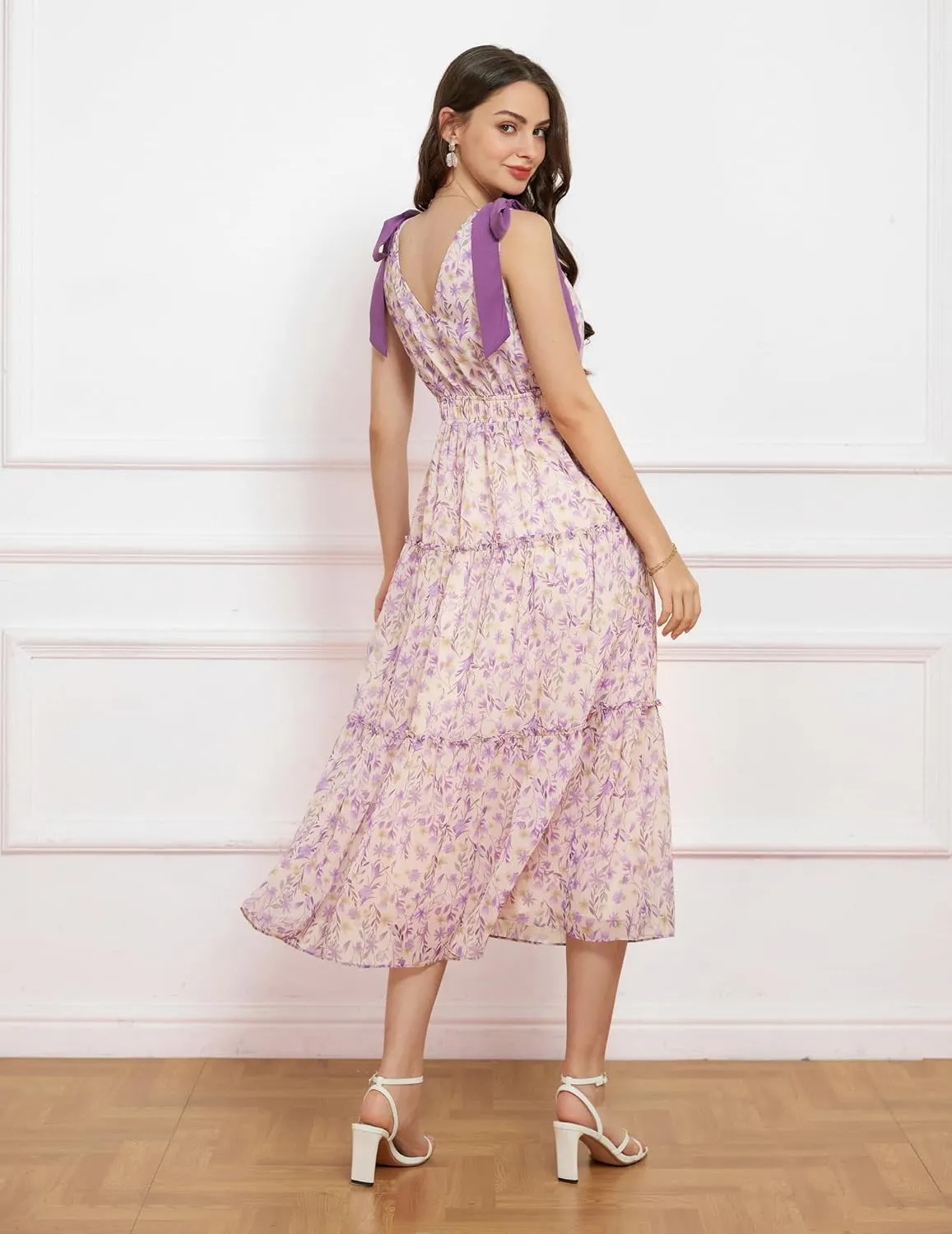 GRACE KARIN Floral Dress for Women Summer Casual Flowy Long V Neck Sundress Sleeveless Tiered Beach Wedding Guest Dress Bow