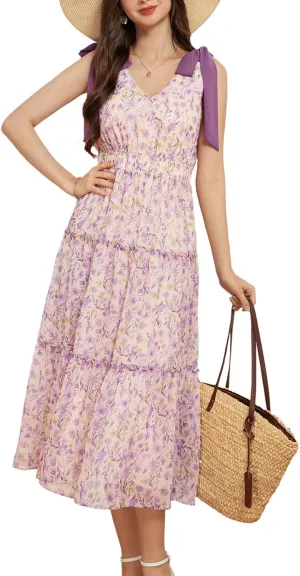 GRACE KARIN Floral Dress for Women Summer Casual Flowy Long V Neck Sundress Sleeveless Tiered Beach Wedding Guest Dress Bow