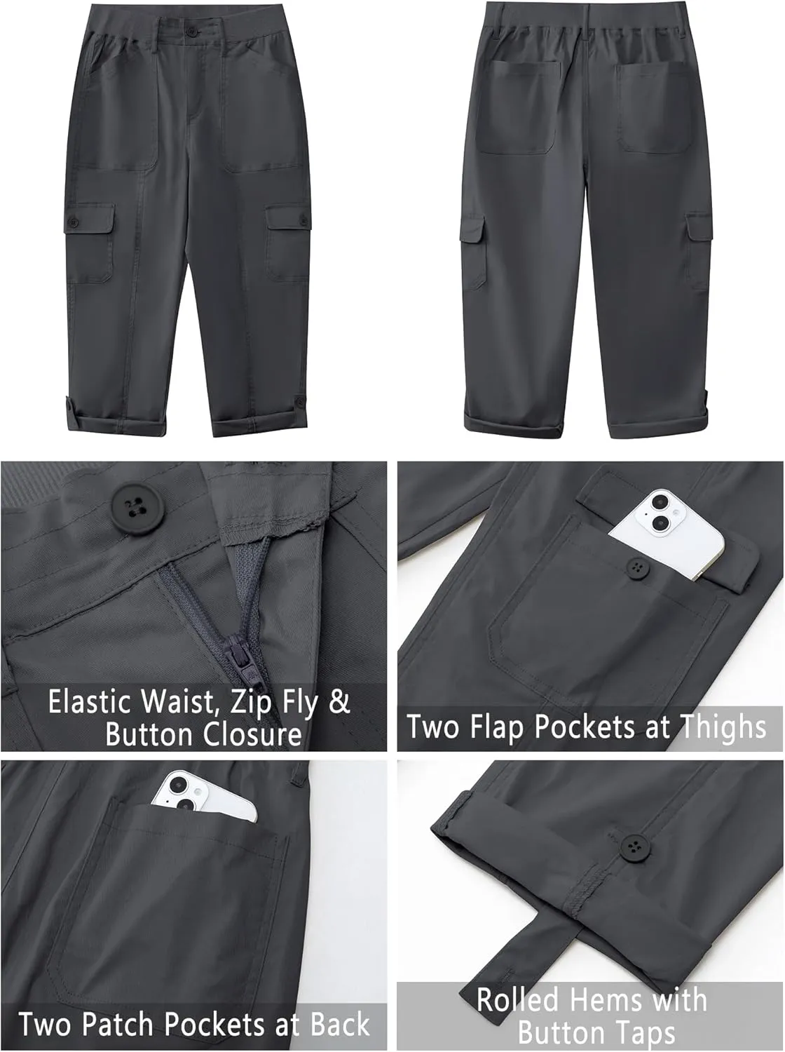 GRAPENT Cargo Capri Pants for Women High Waisted Relaxed Fit Elastic Knit Waist Casual Capris Trousers Cropped Pants