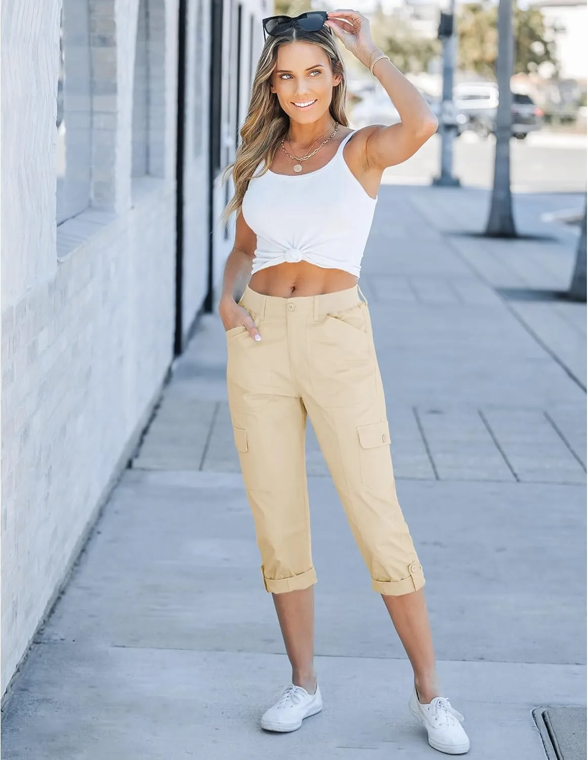 GRAPENT Cargo Capri Pants for Women High Waisted Relaxed Fit Elastic Knit Waist Casual Capris Trousers Cropped Pants