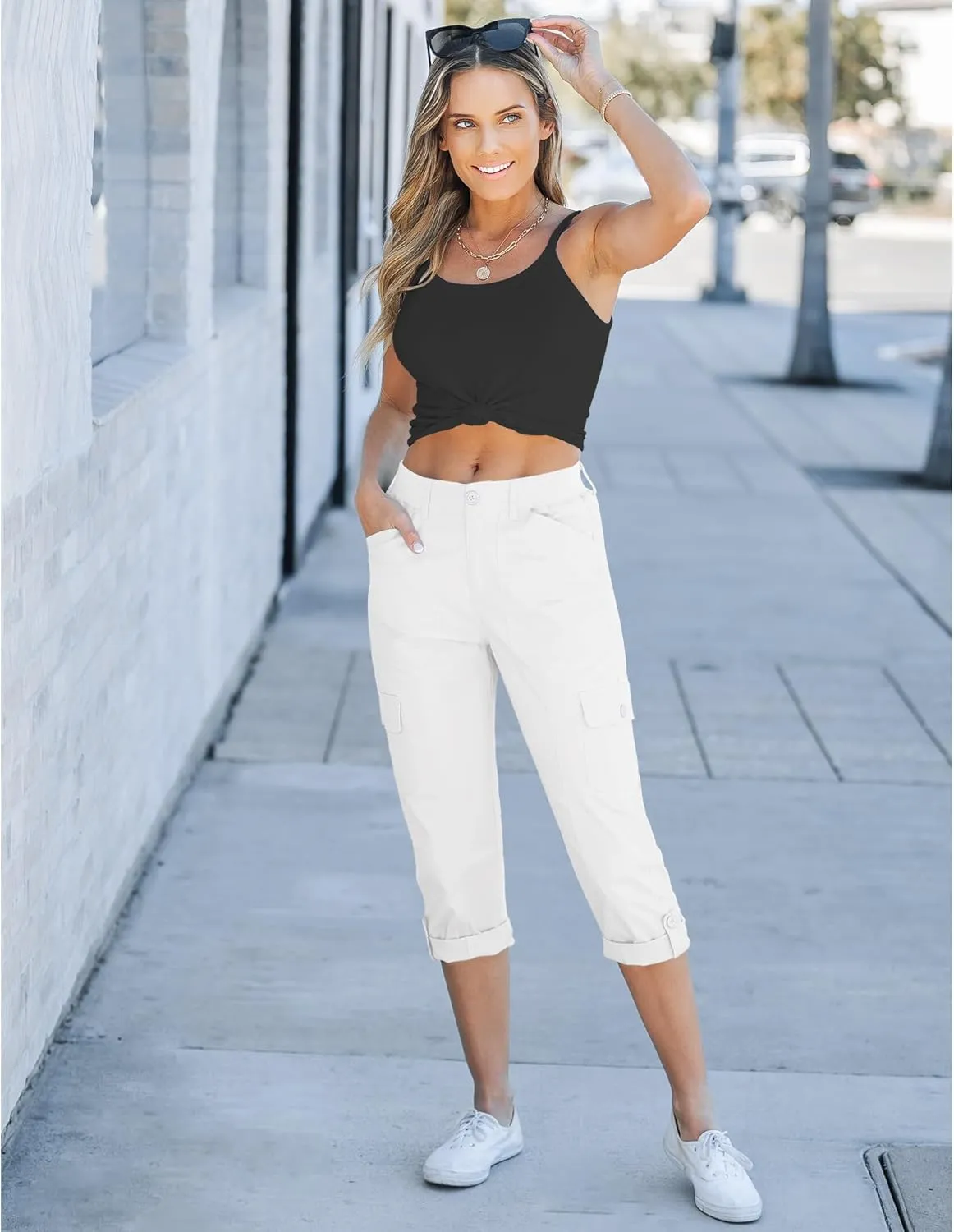 GRAPENT Cargo Capri Pants for Women High Waisted Relaxed Fit Elastic Knit Waist Casual Capris Trousers Cropped Pants