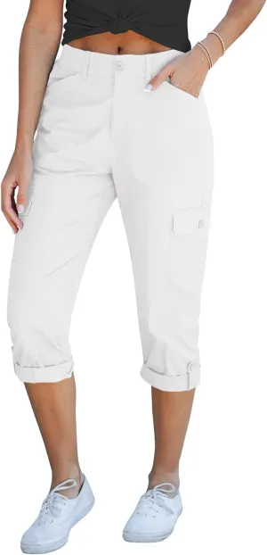 GRAPENT Cargo Capri Pants for Women High Waisted Relaxed Fit Elastic Knit Waist Casual Capris Trousers Cropped Pants