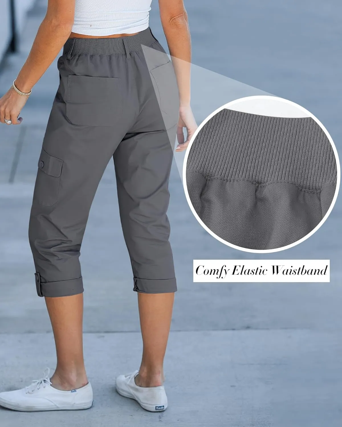 GRAPENT Cargo Capri Pants for Women High Waisted Relaxed Fit Elastic Knit Waist Casual Capris Trousers Cropped Pants