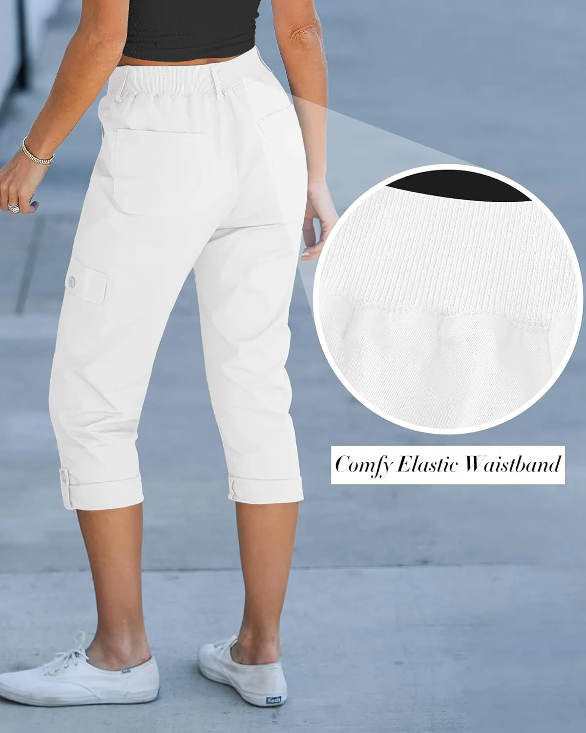 GRAPENT Cargo Capri Pants for Women High Waisted Relaxed Fit Elastic Knit Waist Casual Capris Trousers Cropped Pants