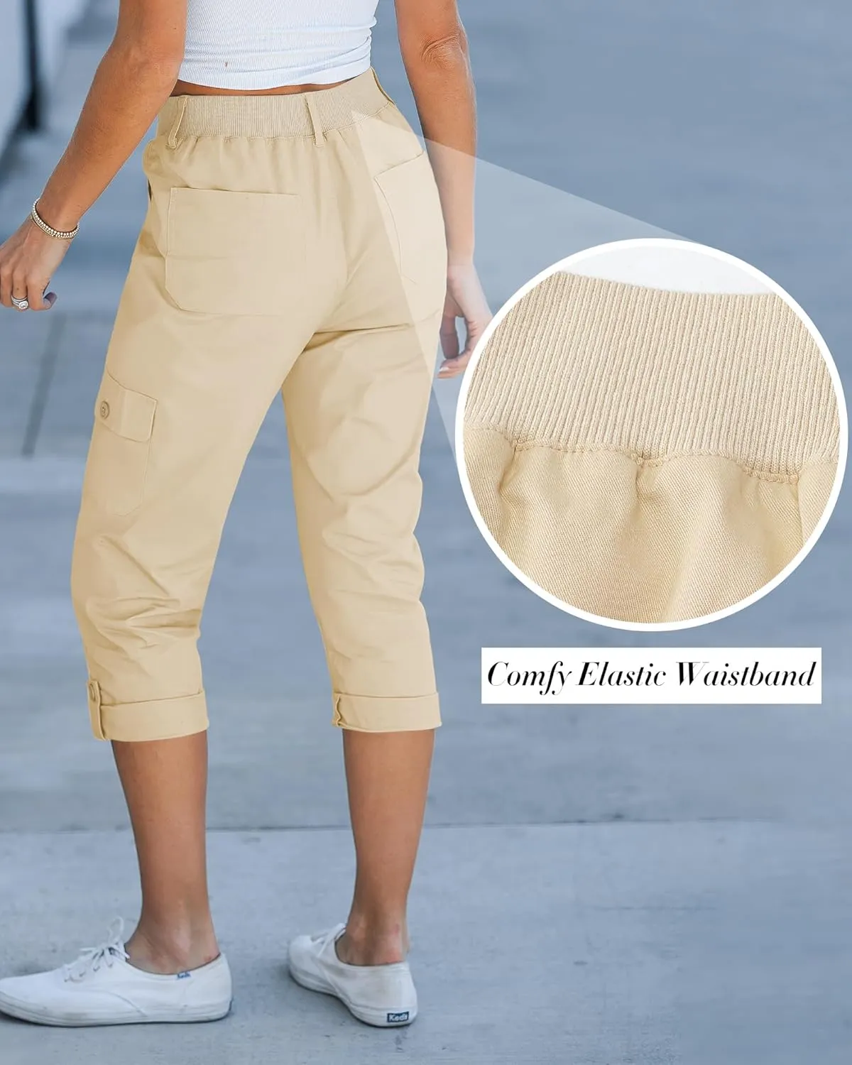 GRAPENT Cargo Capri Pants for Women High Waisted Relaxed Fit Elastic Knit Waist Casual Capris Trousers Cropped Pants