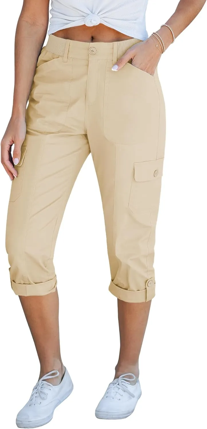 GRAPENT Cargo Capri Pants for Women High Waisted Relaxed Fit Elastic Knit Waist Casual Capris Trousers Cropped Pants