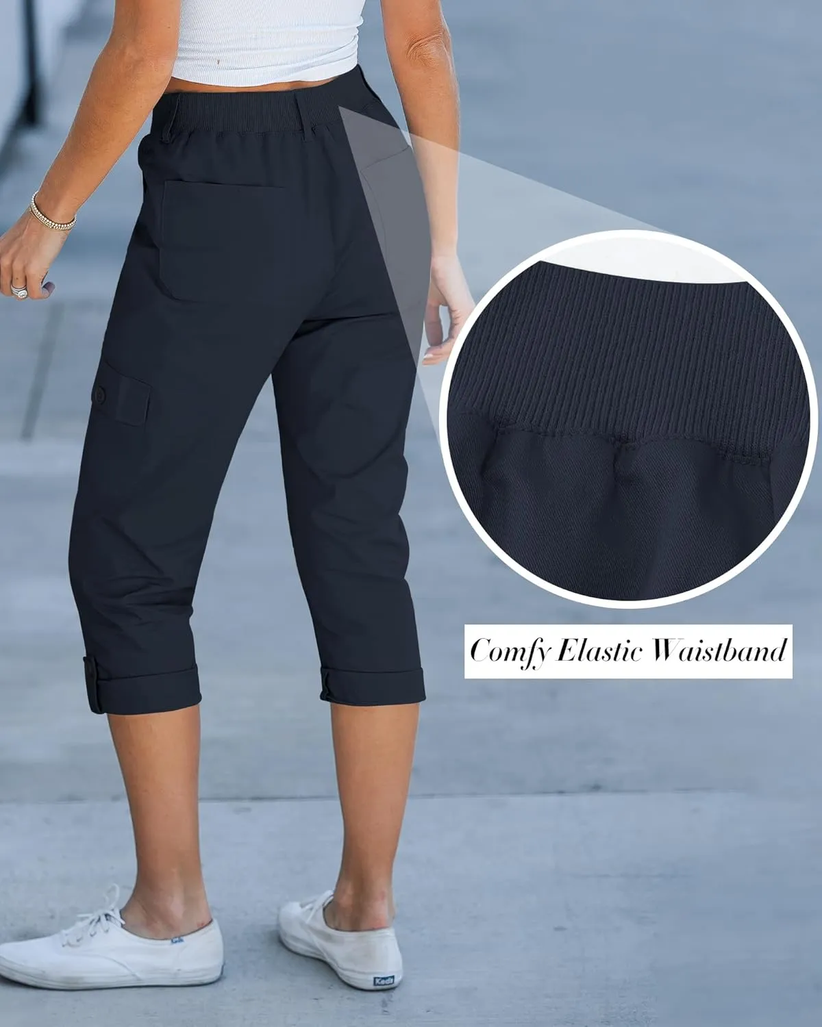 GRAPENT Cargo Capri Pants for Women High Waisted Relaxed Fit Elastic Knit Waist Casual Capris Trousers Cropped Pants