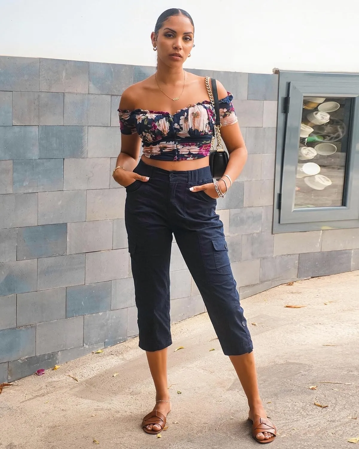 GRAPENT Cargo Capri Pants for Women High Waisted Relaxed Fit Elastic Knit Waist Casual Capris Trousers Cropped Pants