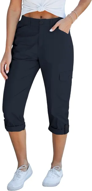 GRAPENT Cargo Capri Pants for Women High Waisted Relaxed Fit Elastic Knit Waist Casual Capris Trousers Cropped Pants