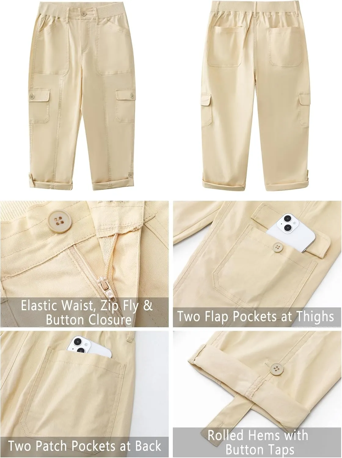 GRAPENT Cargo Capri Pants for Women High Waisted Relaxed Fit Elastic Knit Waist Casual Capris Trousers Cropped Pants