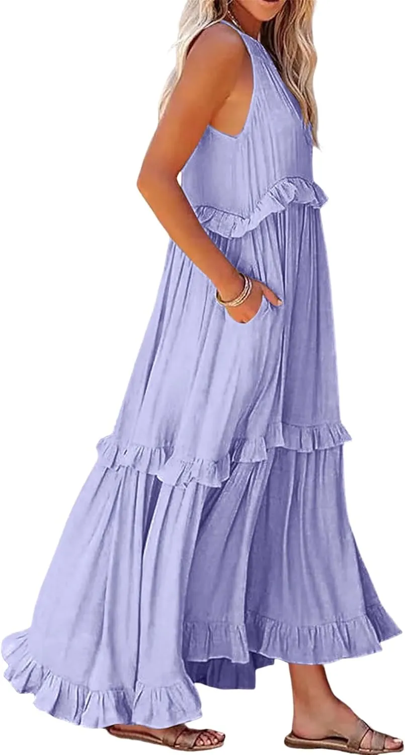 Halter Maxi Dresses for Women 2024 Summer Trendy Sleeveless Maxi Dress Tiered Flowy Dress with Pockets S-XL