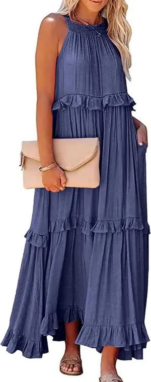 Halter Maxi Dresses for Women 2024 Summer Trendy Sleeveless Maxi Dress Tiered Flowy Dress with Pockets S-XL