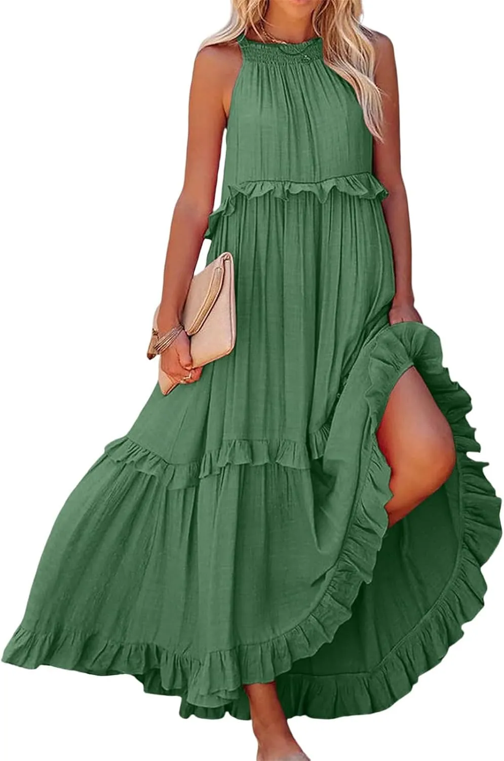 Halter Maxi Dresses for Women 2024 Summer Trendy Sleeveless Maxi Dress Tiered Flowy Dress with Pockets S-XL