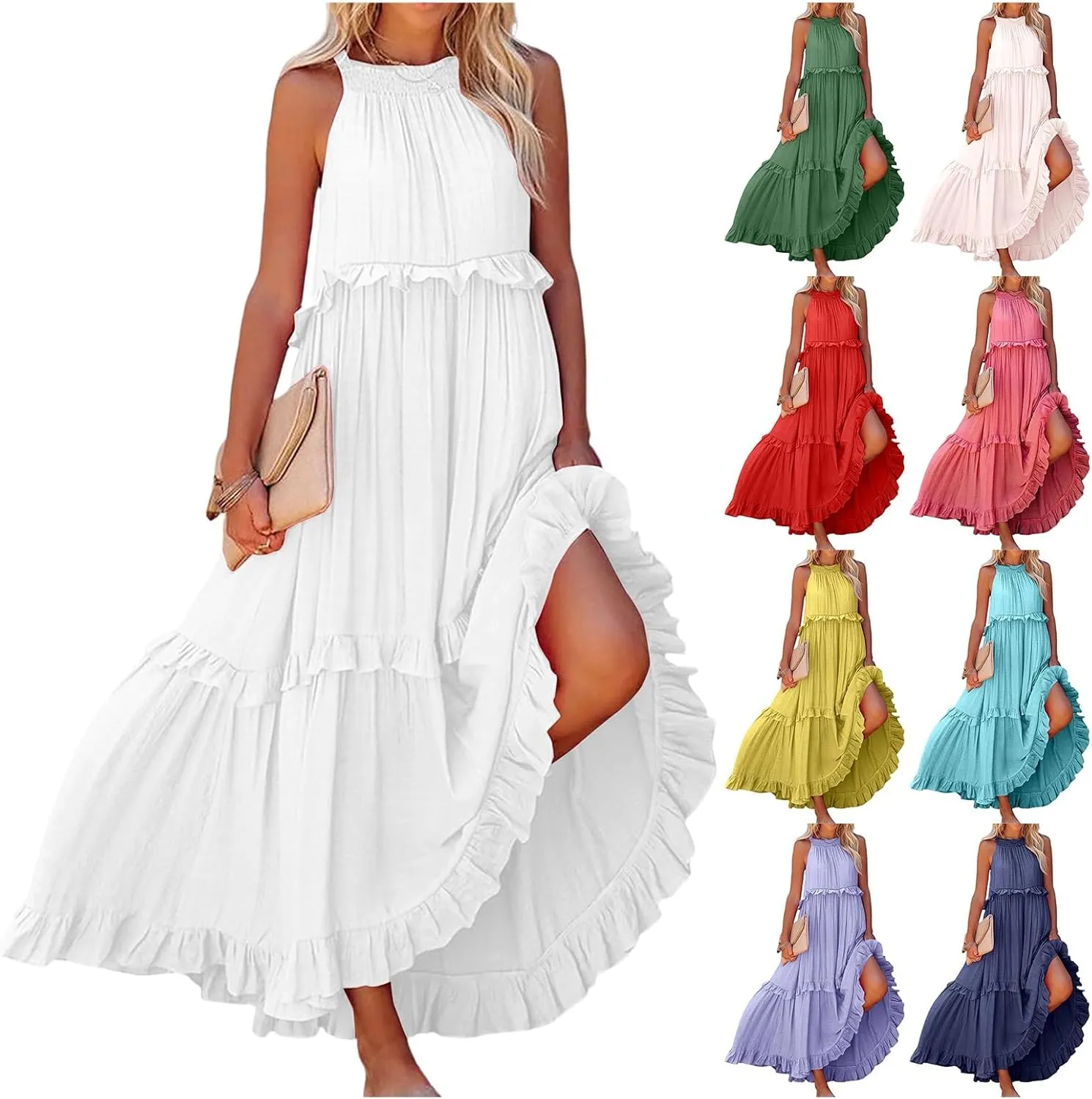 Halter Maxi Dresses for Women 2024 Summer Trendy Sleeveless Maxi Dress Tiered Flowy Dress with Pockets S-XL