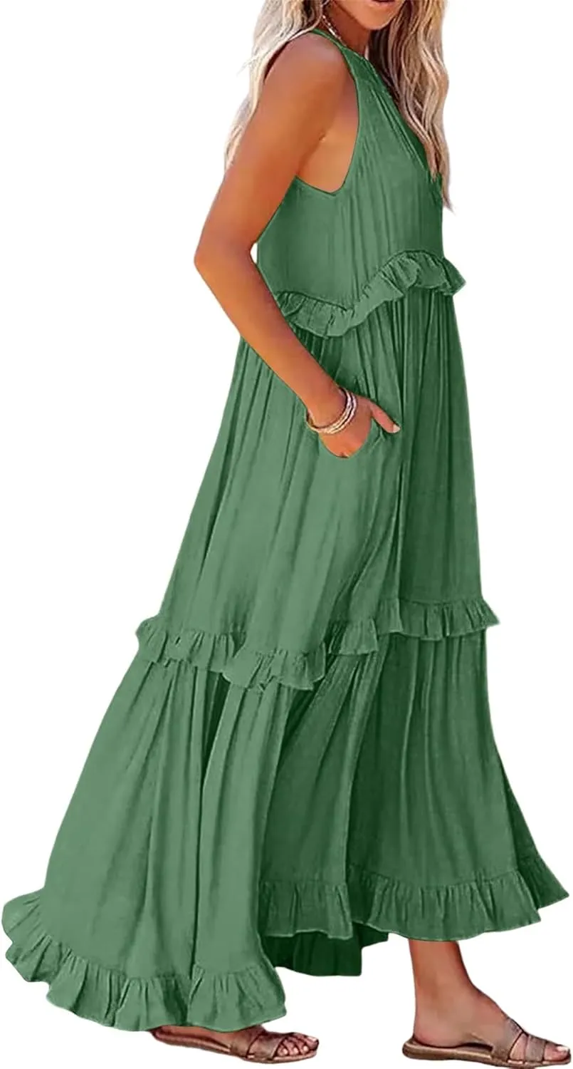 Halter Maxi Dresses for Women 2024 Summer Trendy Sleeveless Maxi Dress Tiered Flowy Dress with Pockets S-XL