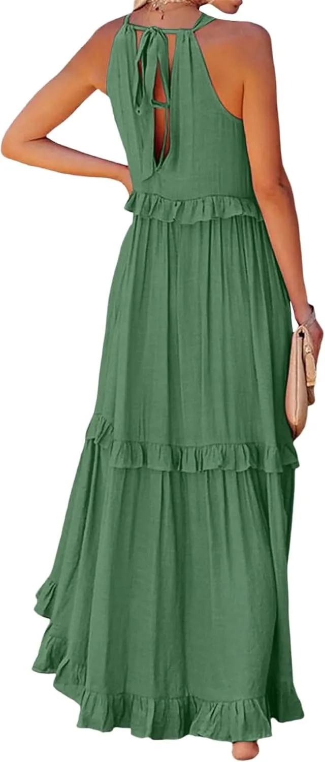 Halter Maxi Dresses for Women 2024 Summer Trendy Sleeveless Maxi Dress Tiered Flowy Dress with Pockets S-XL