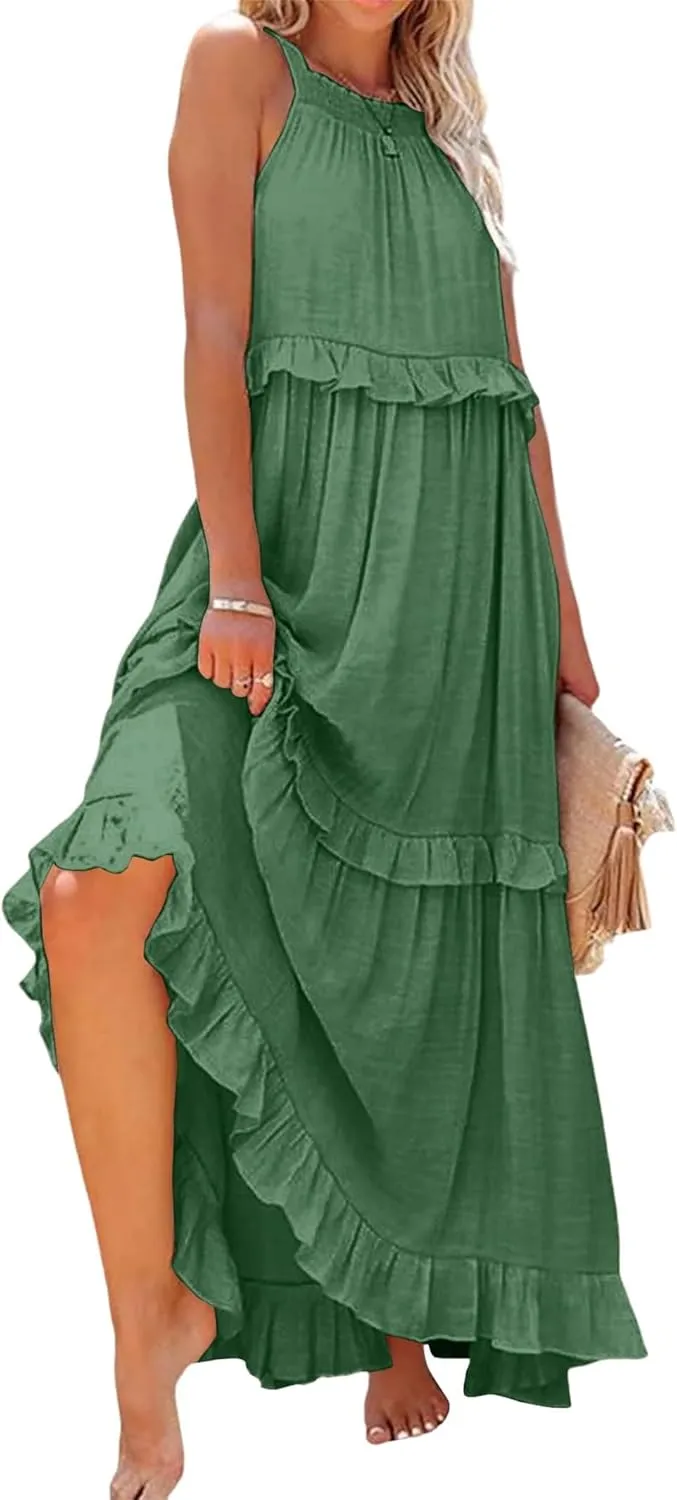 Halter Maxi Dresses for Women 2024 Summer Trendy Sleeveless Maxi Dress Tiered Flowy Dress with Pockets S-XL