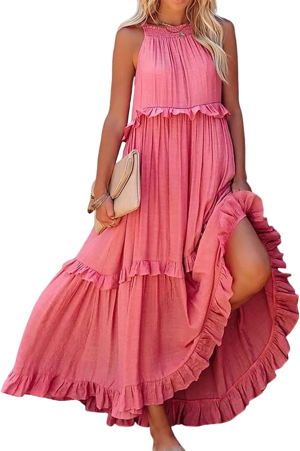 Halter Maxi Dresses for Women 2024 Summer Trendy Sleeveless Maxi Dress Tiered Flowy Dress with Pockets S-XL