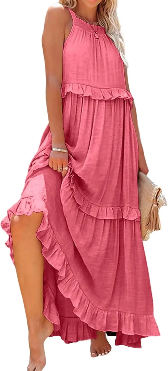 Halter Maxi Dresses for Women 2024 Summer Trendy Sleeveless Maxi Dress Tiered Flowy Dress with Pockets S-XL