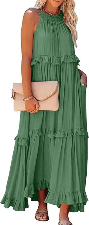 Halter Maxi Dresses for Women 2024 Summer Trendy Sleeveless Maxi Dress Tiered Flowy Dress with Pockets S-XL