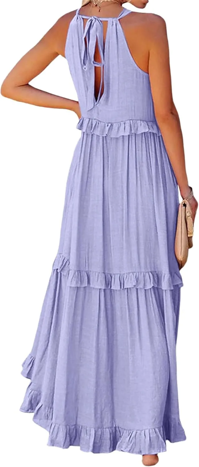 Halter Maxi Dresses for Women 2024 Summer Trendy Sleeveless Maxi Dress Tiered Flowy Dress with Pockets S-XL