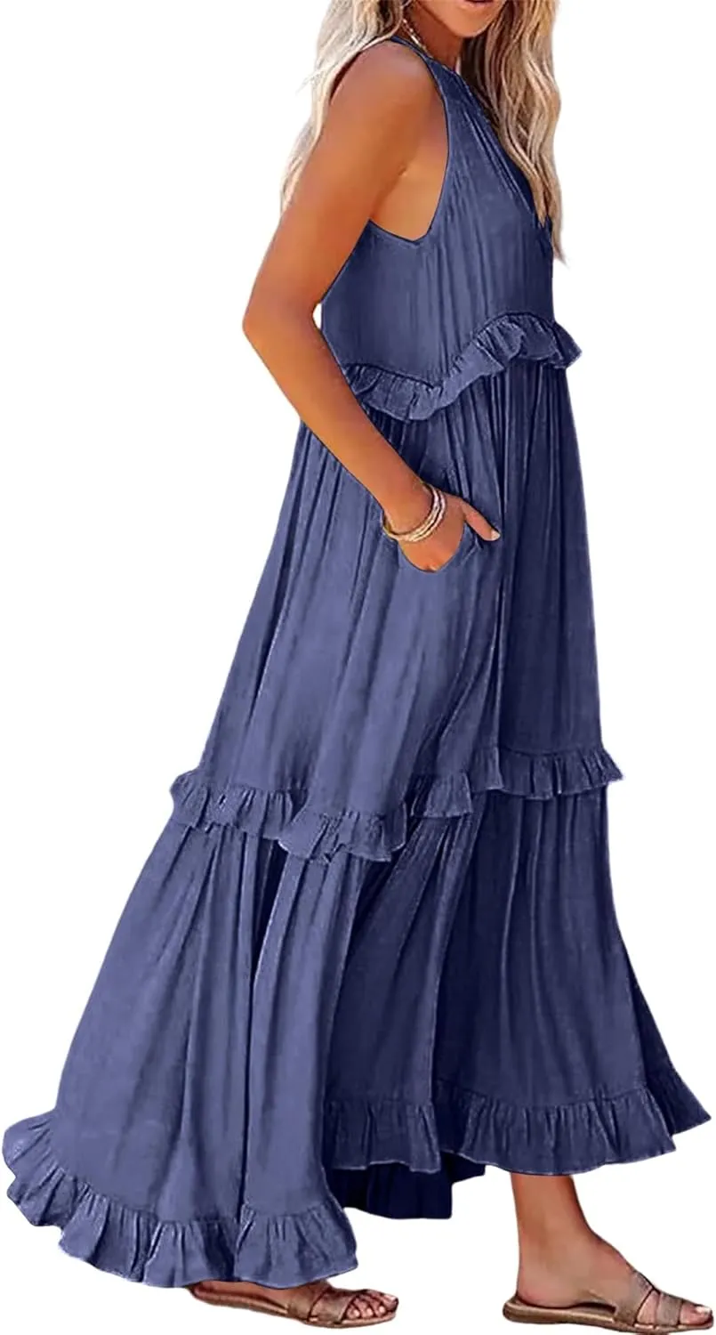 Halter Maxi Dresses for Women 2024 Summer Trendy Sleeveless Maxi Dress Tiered Flowy Dress with Pockets S-XL