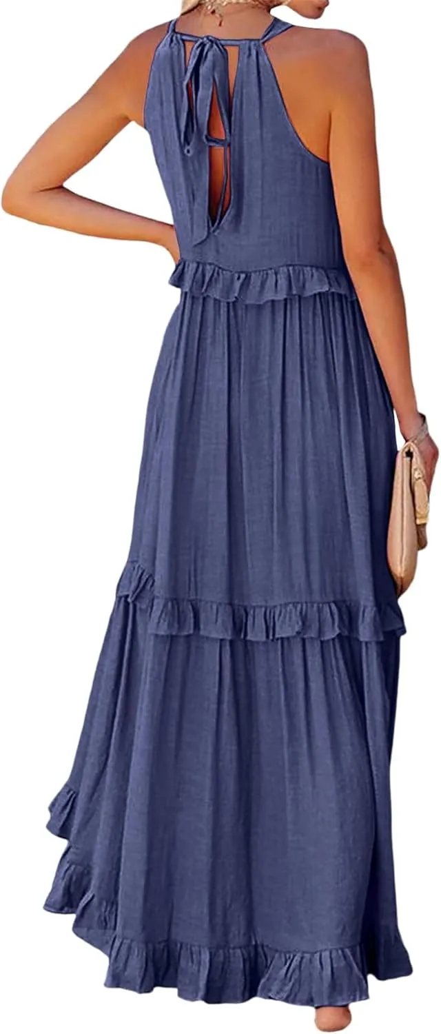 Halter Maxi Dresses for Women 2024 Summer Trendy Sleeveless Maxi Dress Tiered Flowy Dress with Pockets S-XL