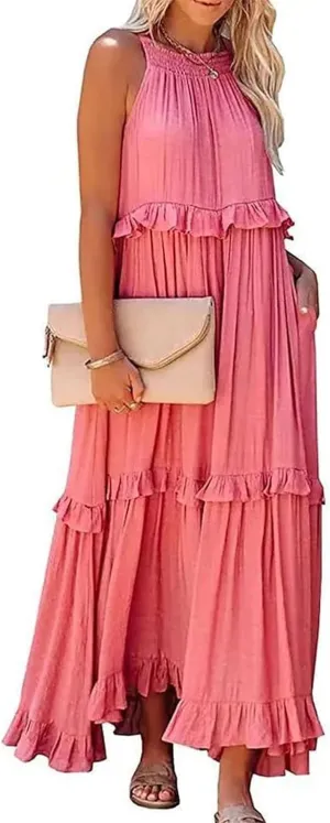 Halter Maxi Dresses for Women 2024 Summer Trendy Sleeveless Maxi Dress Tiered Flowy Dress with Pockets S-XL
