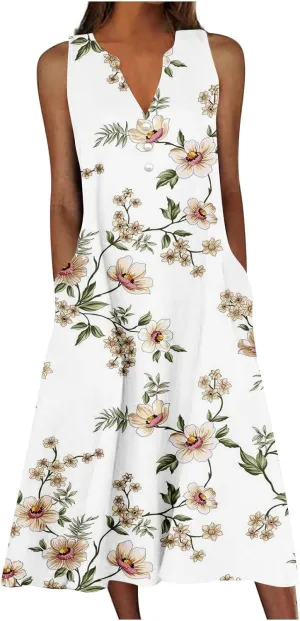 Hawaiian Beach Sundresses for Women Fall Summer Sleeveless Vneck Flower Maxi Long Dress Sundresses Women 2025