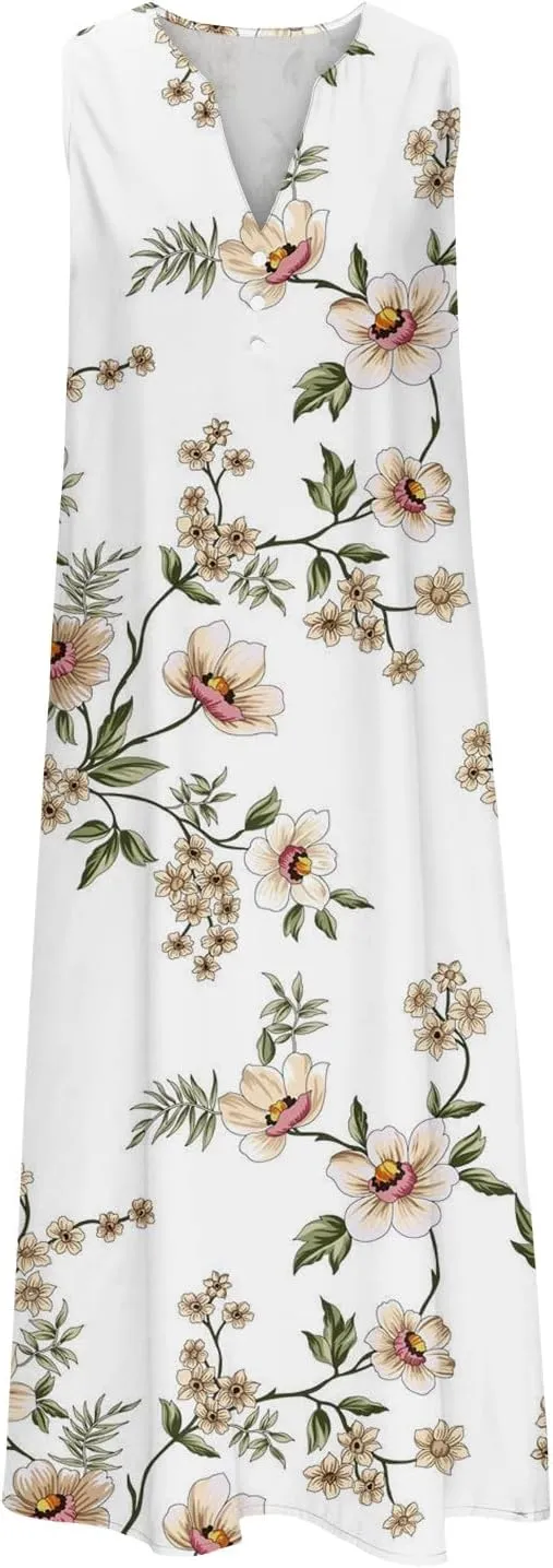 Hawaiian Beach Sundresses for Women Fall Summer Sleeveless Vneck Flower Maxi Long Dress Sundresses Women 2025