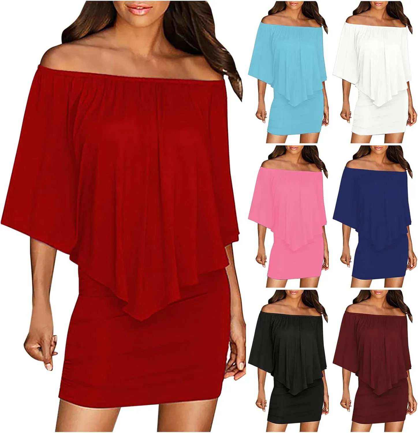 HGps8w Women Off Shoulder Ruffles Bodycon Mini Dress Elegant Flowy Cape Ruched Formal Business Cocktail Party Dresses